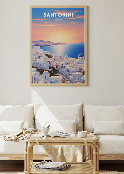 Santorini Greece Sunset View Poster & Canvas Print – Illustrated Cycladic Blue Dome Art