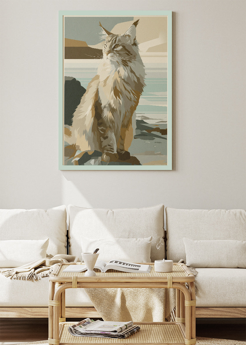 Scandinavian Cat Coastline Poster & Canvas Print – Minimal Modern Pet Art