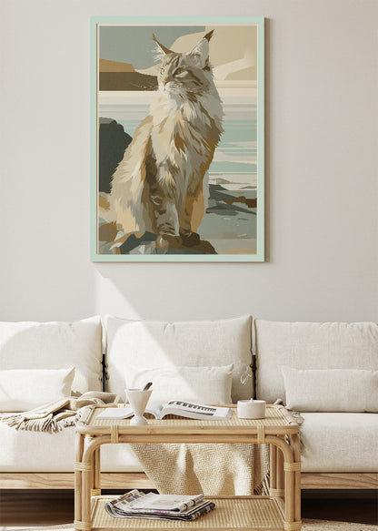 Scandinavian Cat Coastline Poster & Canvas Print – Minimal Modern Pet Art