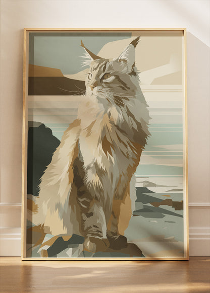 Scandinavian Cat Coastline Poster & Canvas Print – Minimal Modern Pet Art