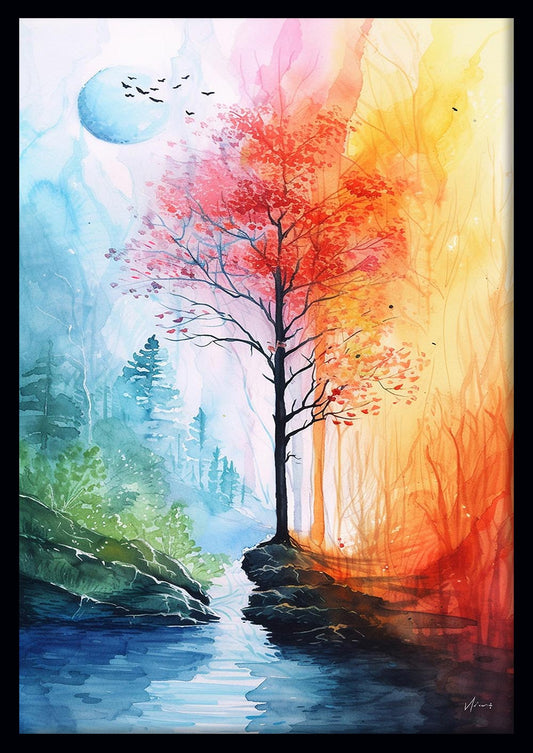 Seasons of Nature – Watercolor Tree Landscape Canvas & Poster Wall Art – T1042 – AiPrintLab