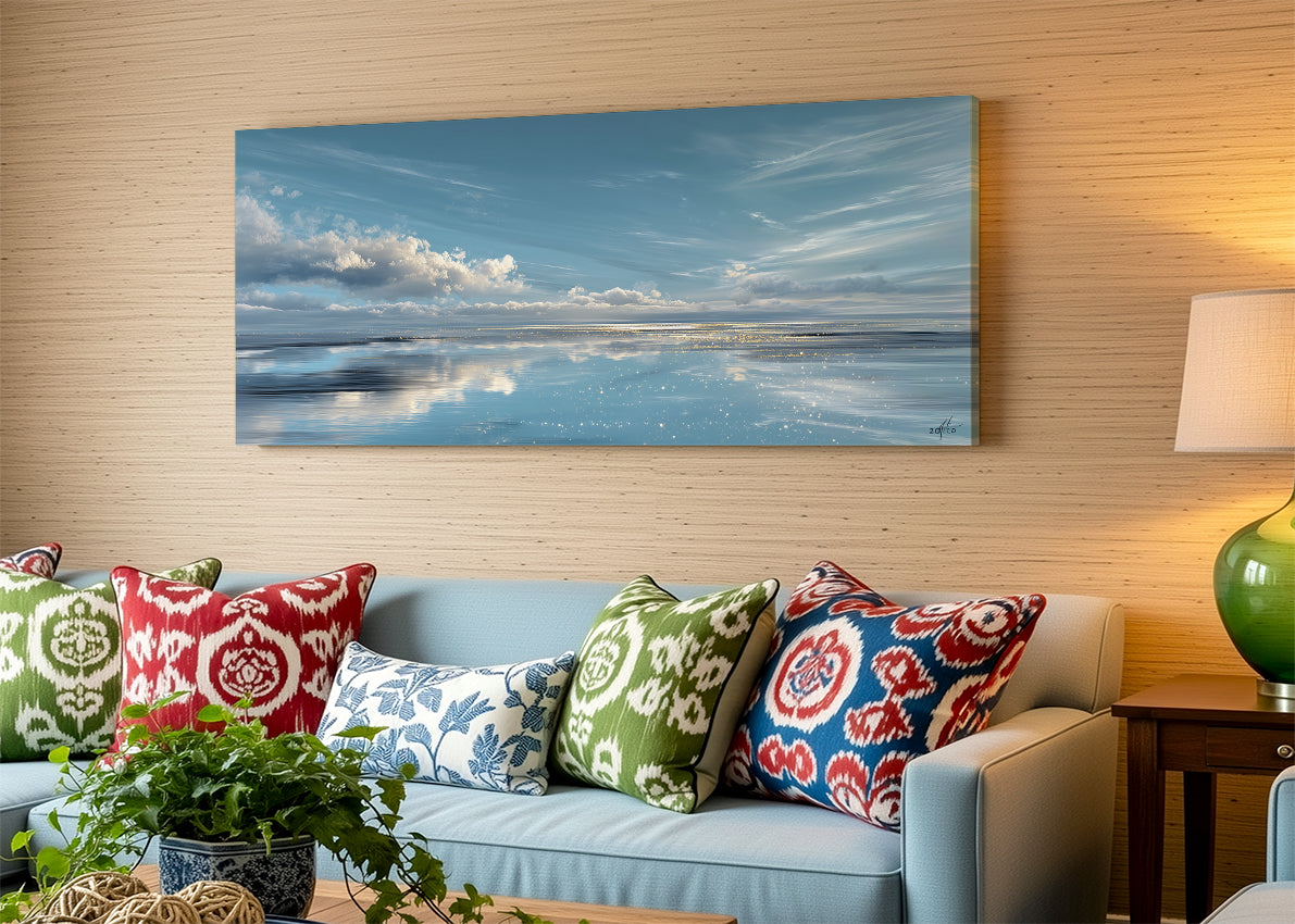 Serene Blue Horizon Seascape Canvas Wall Art – Single & 3 Panel Split – AI PRINT LAB