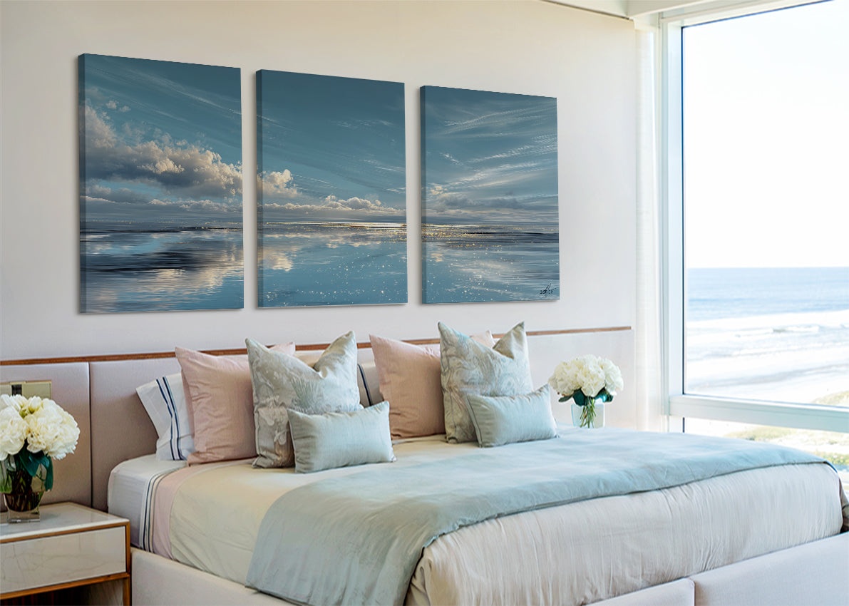 Serene Blue Horizon Seascape Canvas Wall Art – Single & 3 Panel Split – AI PRINT LAB