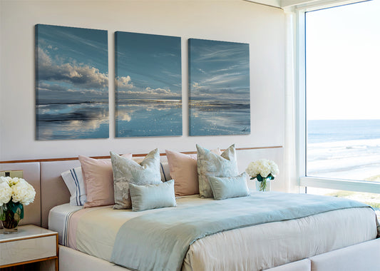 Serene Blue Horizon Seascape Canvas Wall Art – Single & 3 Panel Split – AI PRINT LAB