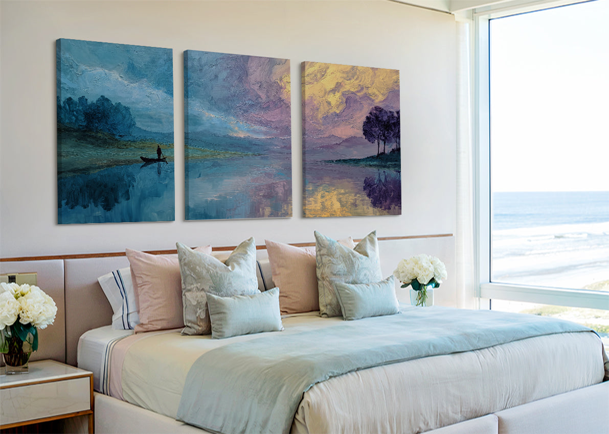 Serene Boat Reflection Lake Canvas Wall Art – Single & 3 Panel Canvas – AI PRINT LAB
