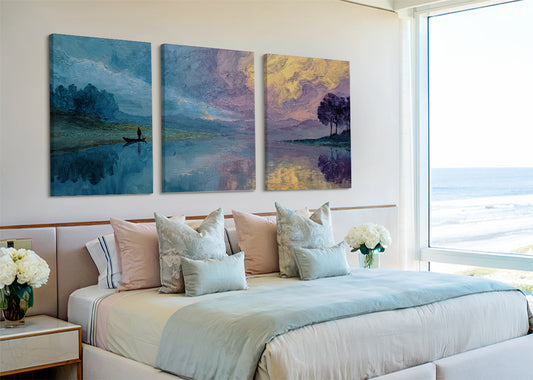 Serene Boat Reflection Lake Canvas Wall Art – Single & 3 Panel Canvas – AI PRINT LAB