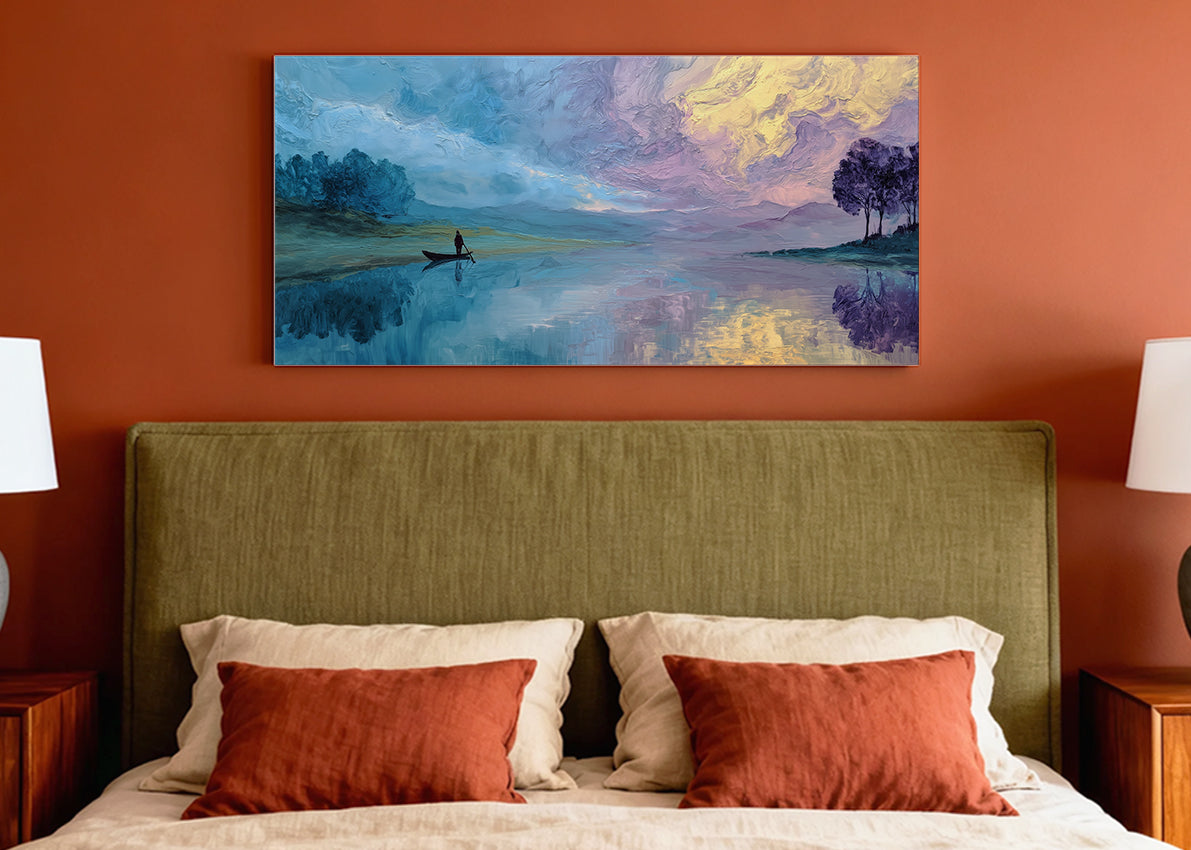 Serene Boat Reflection Lake Canvas Wall Art – Single & 3 Panel Canvas – AI PRINT LAB