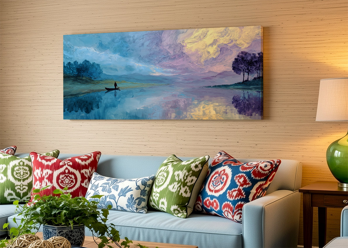 Serene Boat Reflection Lake Canvas Wall Art – Single & 3 Panel Canvas – AI PRINT LAB
