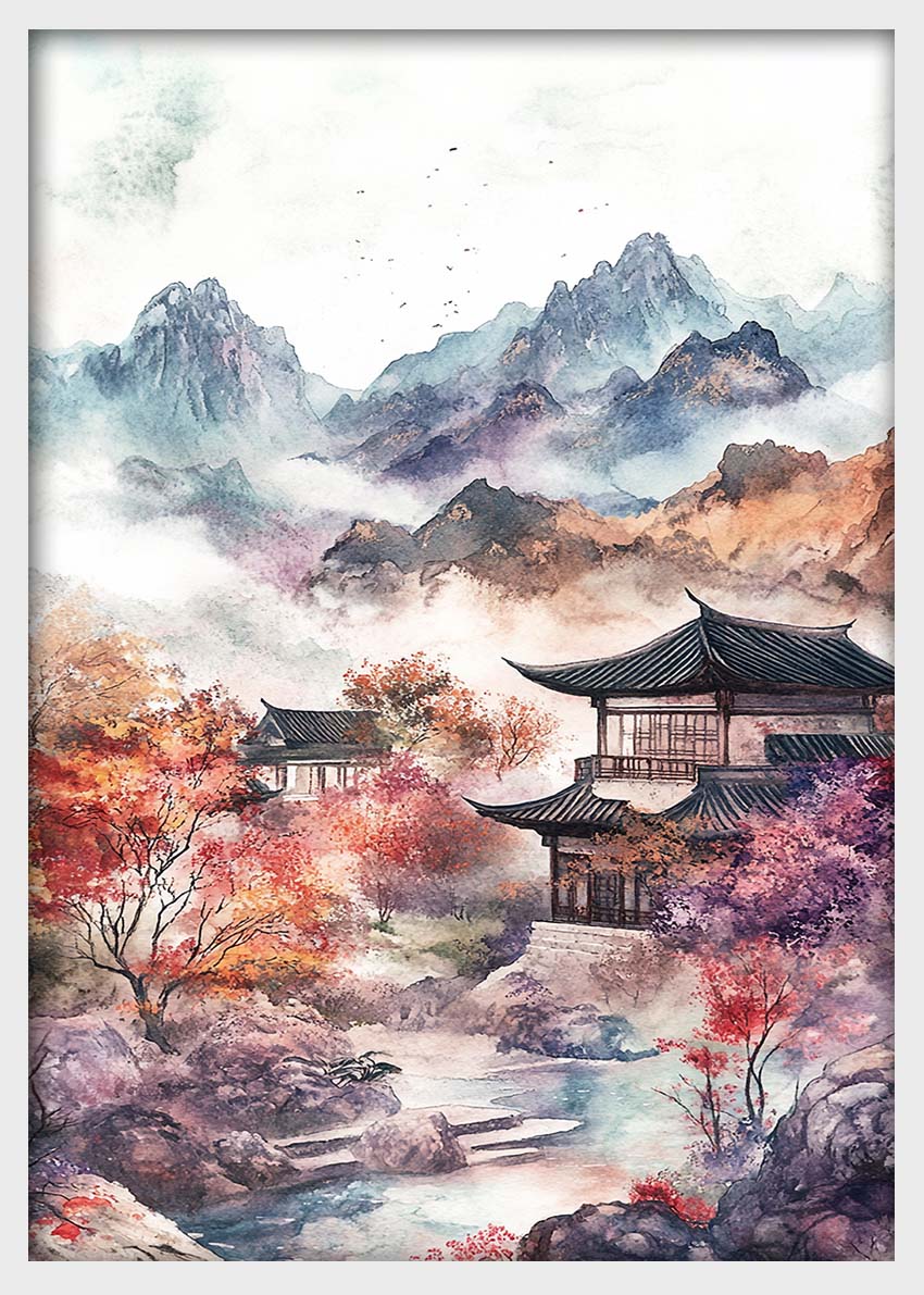 Serene Mountain Temple Wall Art – Asian Watercolor Landscape Poster & Canvas – T1456 –