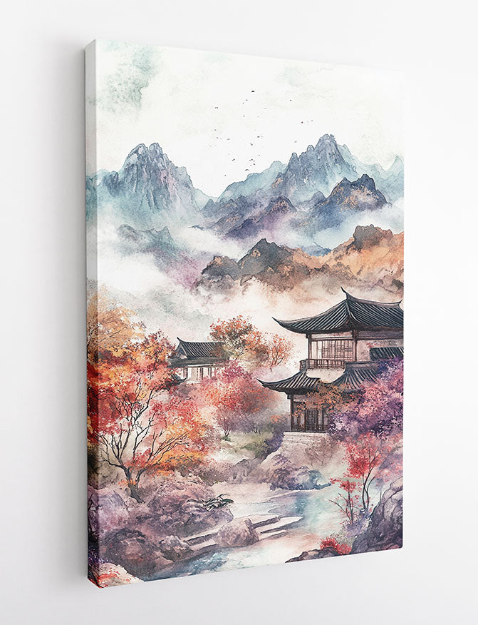Serene Mountain Temple Wall Art – Asian Watercolor Landscape Poster & Canvas – T1456 –
