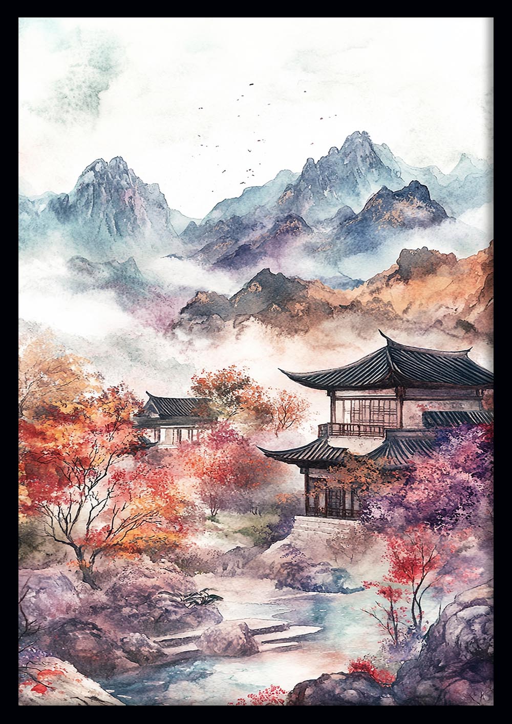 Serene Mountain Temple Wall Art – Asian Watercolor Landscape Poster & Canvas – T1456 –