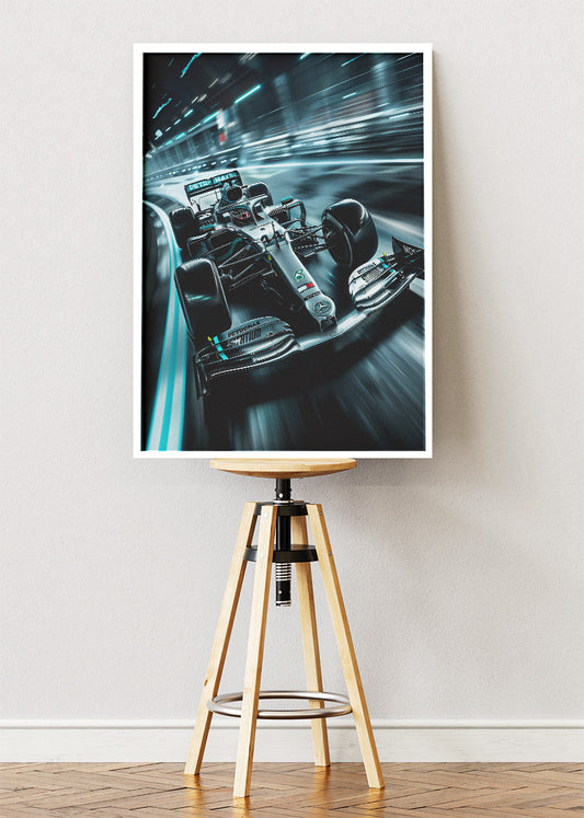 Silver Formula 1 Night Racing Car Poster Canvas & Print – AI PRINT LAB
