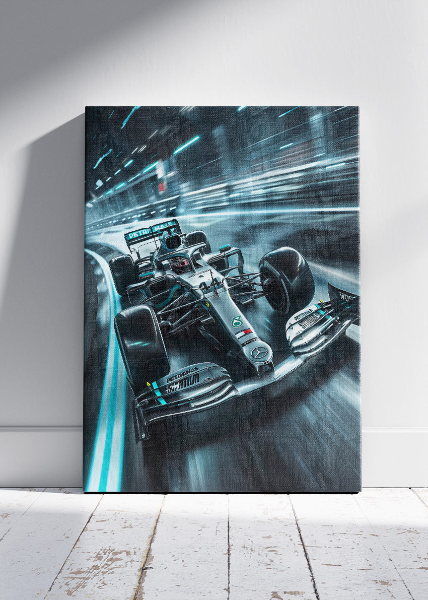 Silver Formula 1 Night Racing Car Poster Canvas & Print – AI PRINT LAB