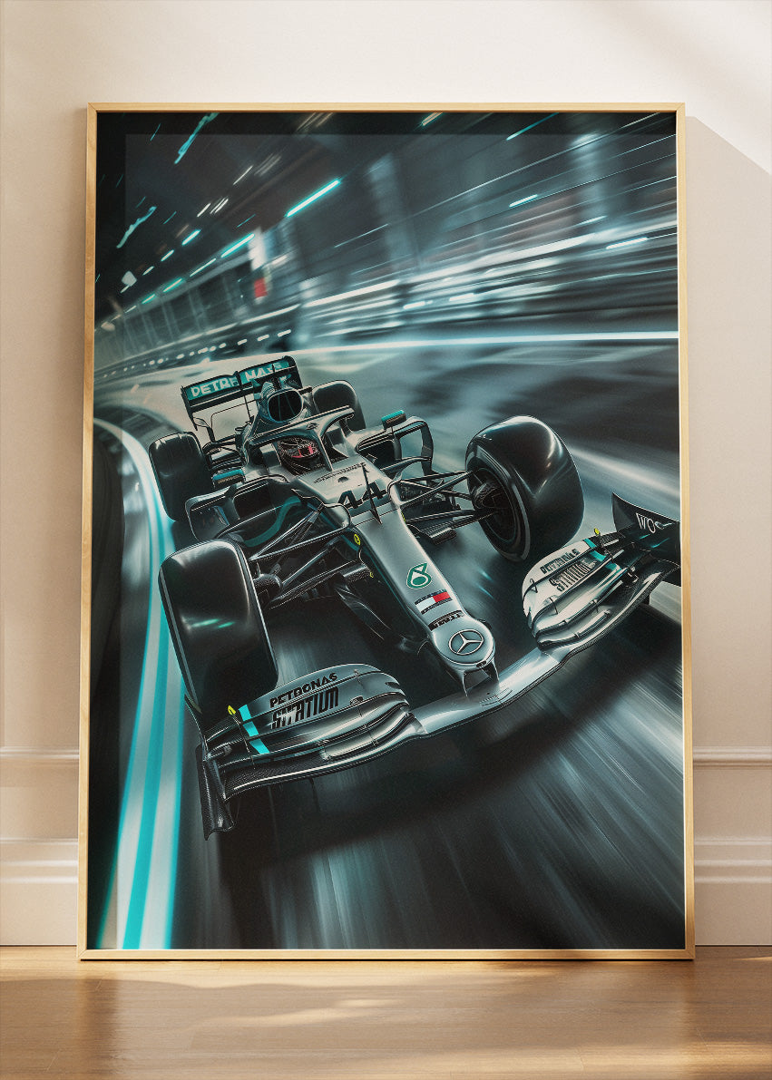 Silver Formula 1 Night Racing Car Poster Canvas & Print – AI PRINT LAB