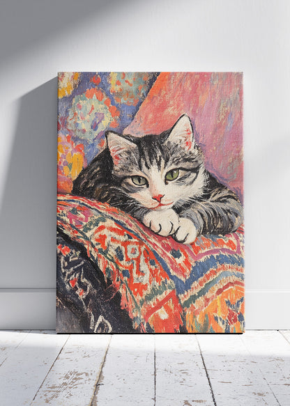 Sleeping Tabby Cat Art Print & Canvas – Cozy Painterly Cat Wall Art