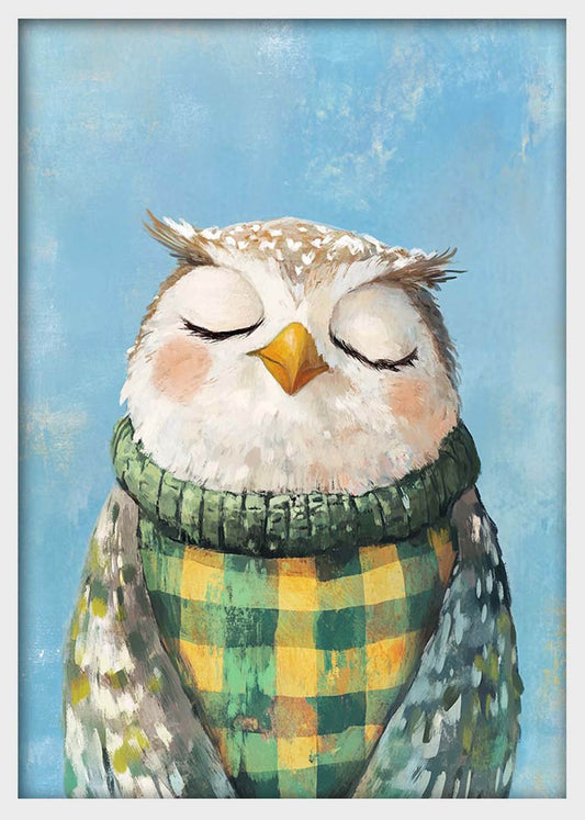Sleepy Owl in Plaid Sweater – Whimsical Animal Canvas & Poster Wall Art – T1296 – AiPrintLab
