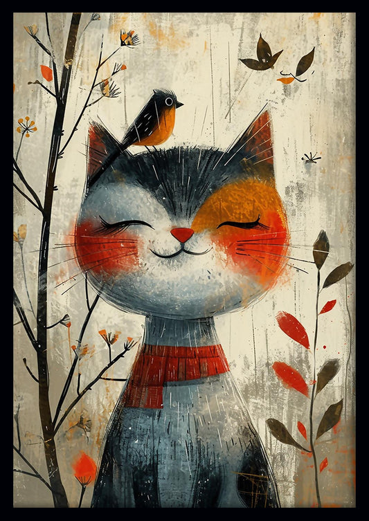 Smiling Cat & Bird – Whimsical Autumn Animal Canvas Wall Art – T876 – AiPrintLab