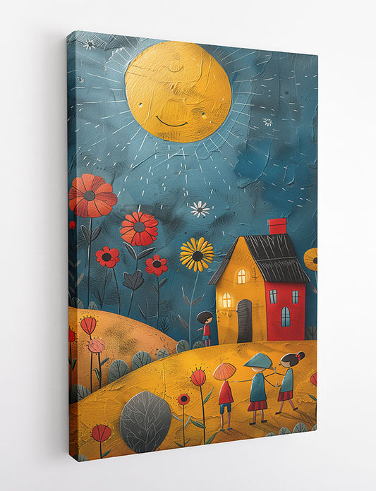 Smiling Sun & Storybook Village – Whimsical Kids Art Canvas & Poster Print – T1053 – AiPrintLab