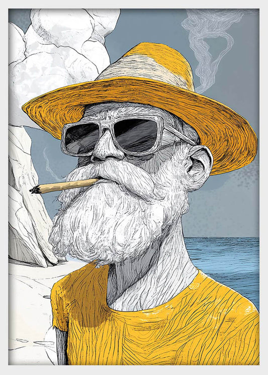 Smoking Bearded Man in Yellow – Cool Sketch Portrait Canvas & Poster Wall Art – T1302 – AiPrintLab