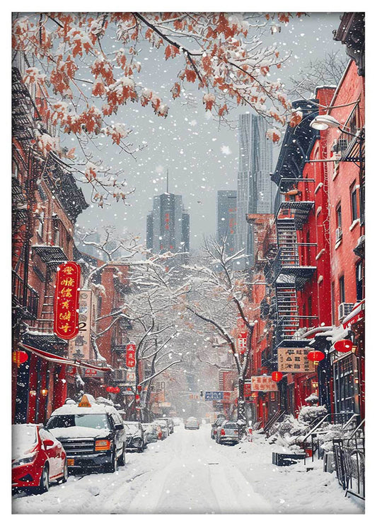 Snowy Chinatown Street Canvas Art – Winter Urban Cityscape Wall Decor – T929 – AiPrintLab