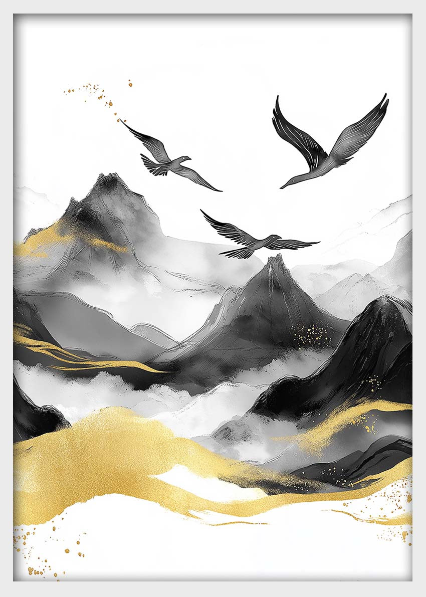 Soaring Birds in Misty Mountains – Gold & Black Canvas & Poster Wall Art – T1403 –
