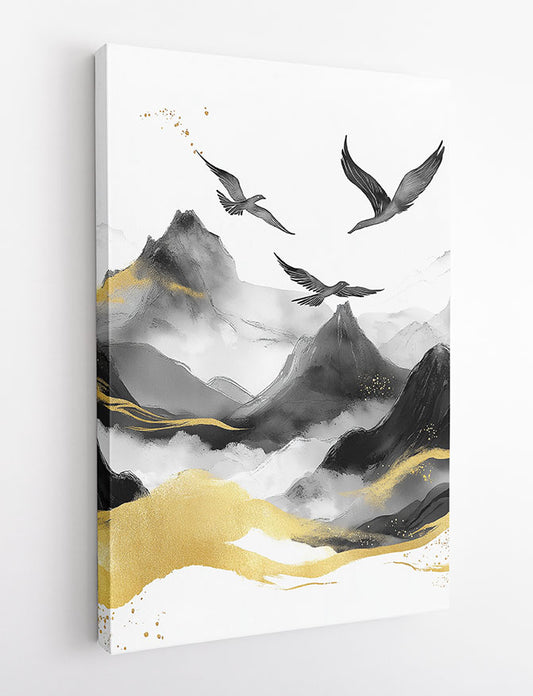 Soaring Birds in Misty Mountains – Gold & Black Canvas & Poster Wall Art – T1403 –