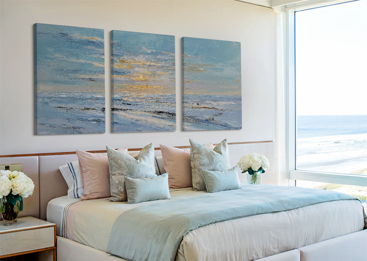 Soft Blue Ocean Sunset Canvas Wall Art – Minimal Coastal Seascape Canvas – Single & 3 Panel Canvas – AI PRINT LAB