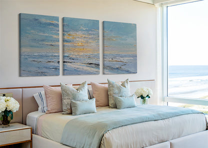 Soft Blue Ocean Sunset Canvas Wall Art – Minimal Coastal Seascape Canvas – Single & 3 Panel Canvas – AI PRINT LAB