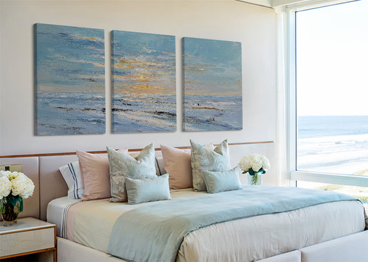 Soft Blue Ocean Sunset Canvas Wall Art – Minimal Coastal Seascape Canvas – Single & 3 Panel Canvas – AI PRINT LAB