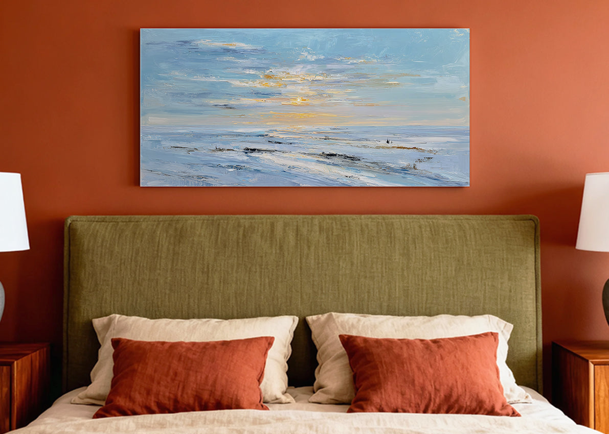 Soft Blue Ocean Sunset Canvas Wall Art – Minimal Coastal Seascape Canvas – Single & 3 Panel Canvas – AI PRINT LAB
