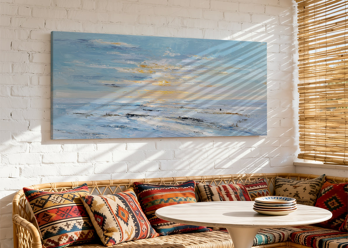 Soft Blue Ocean Sunset Canvas Wall Art – Minimal Coastal Seascape Canvas – Single & 3 Panel Canvas – AI PRINT LAB