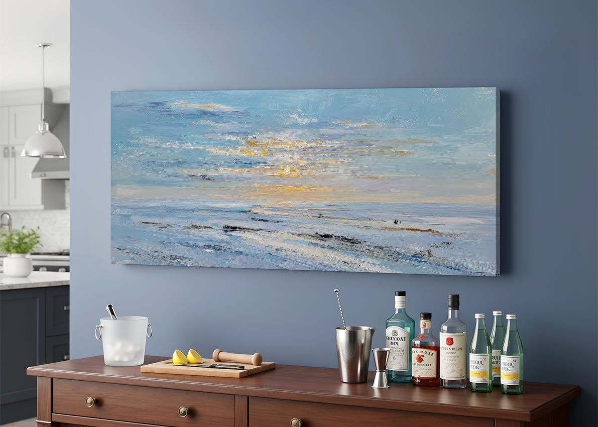 Soft Blue Ocean Sunset Canvas Wall Art – Minimal Coastal Seascape Canvas – Single & 3 Panel Canvas – AI PRINT LAB