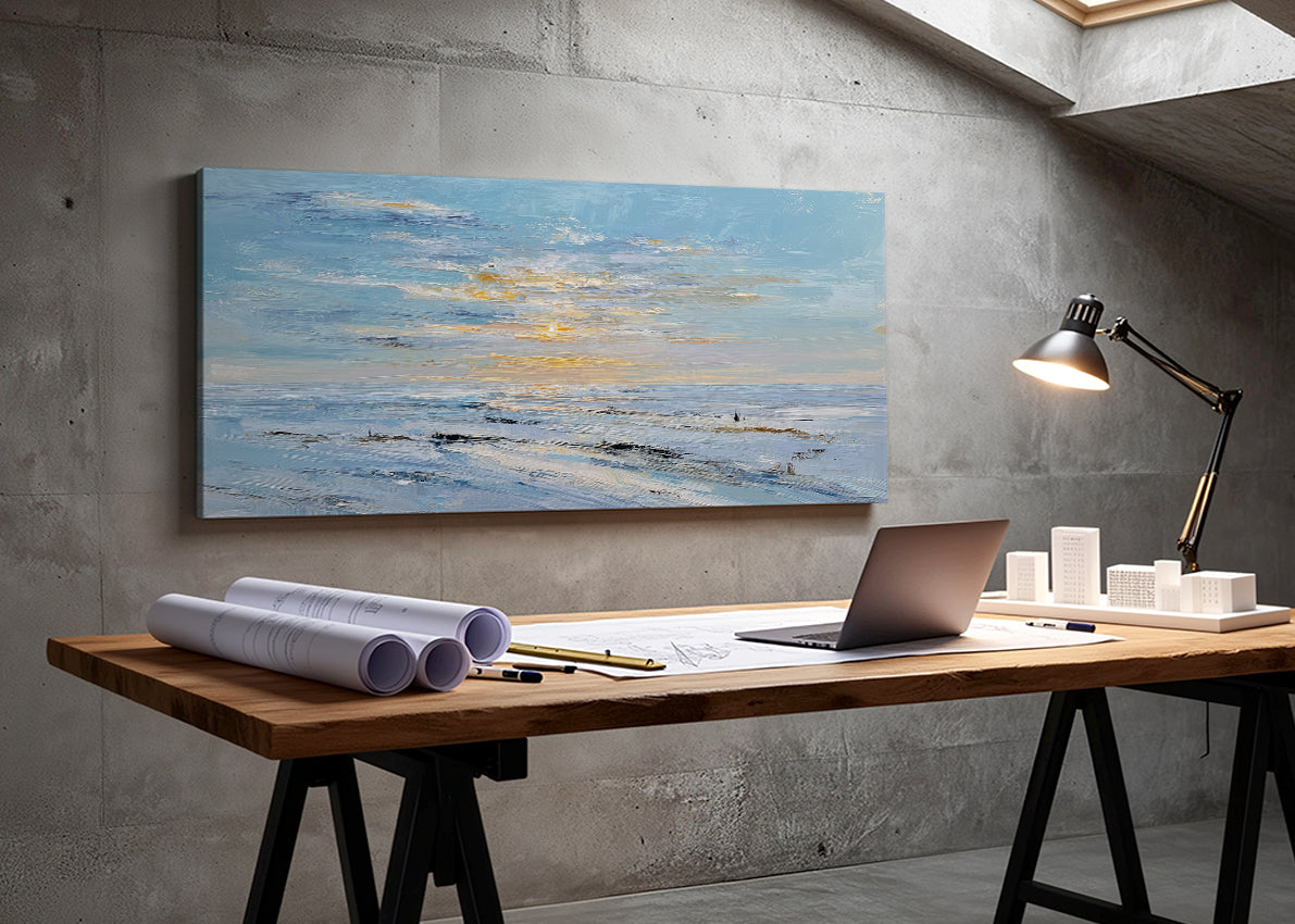 Soft Blue Ocean Sunset Canvas Wall Art – Minimal Coastal Seascape Canvas – Single & 3 Panel Canvas – AI PRINT LAB