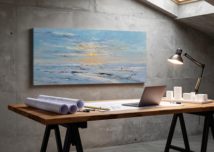 Soft Blue Ocean Sunset Canvas Wall Art – Minimal Coastal Seascape Canvas – Single & 3 Panel Canvas – AI PRINT LAB