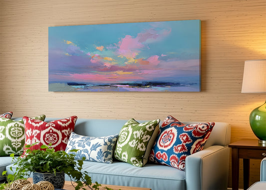 Soft Blush Ocean Sunset Canvas Wall Art – Single & 3 Panel Split – AI PRINT LAB