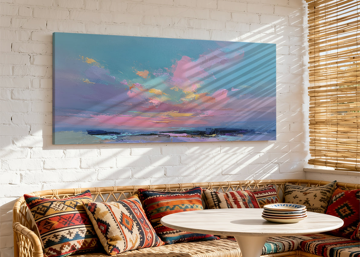 Soft Blush Ocean Sunset Canvas Wall Art – Single & 3 Panel Split – AI PRINT LAB