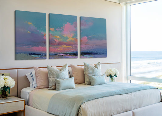 Soft Blush Ocean Sunset Canvas Wall Art – Single & 3 Panel Split – AI PRINT LAB