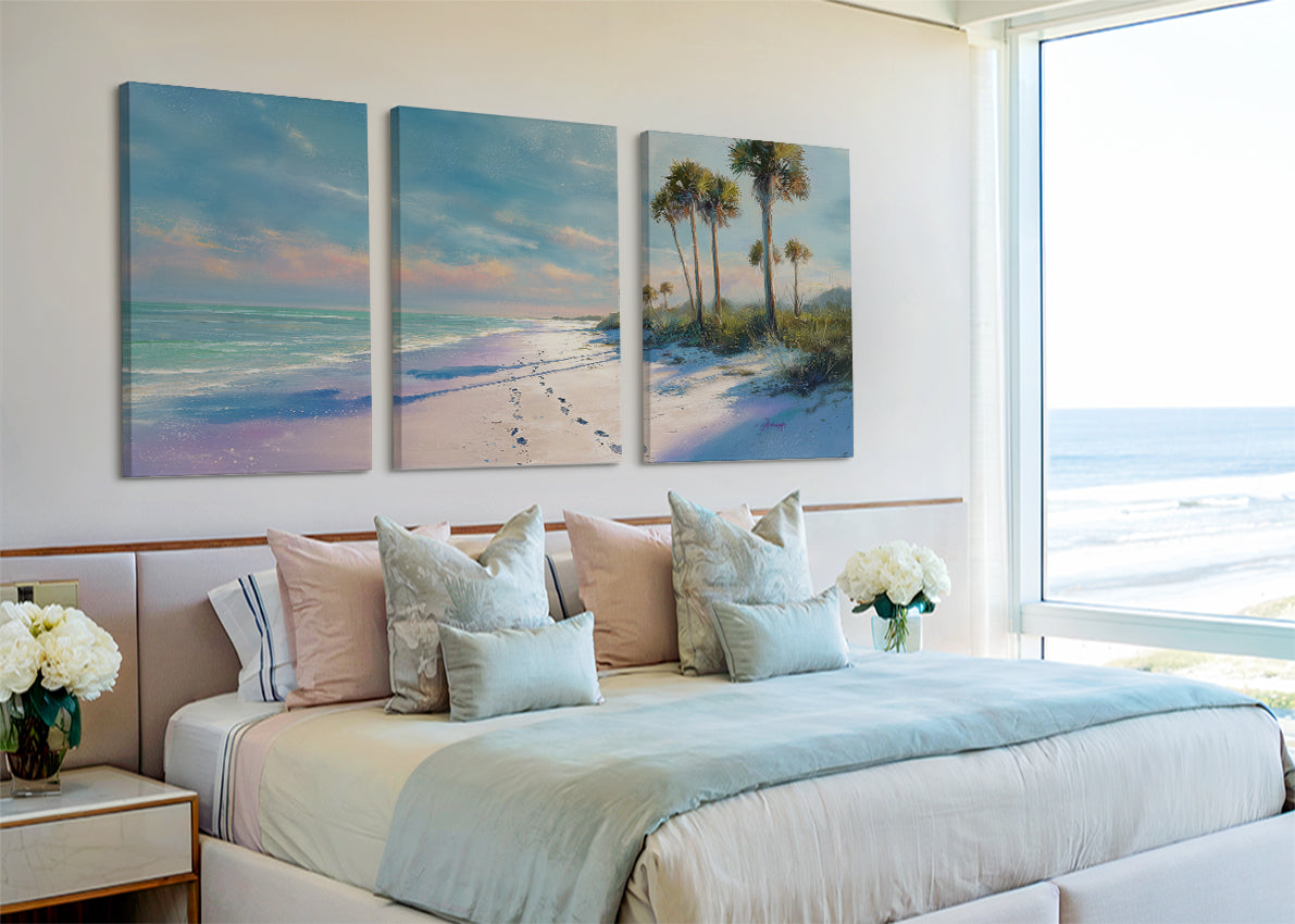 Soft Coastal Morning Beach Canvas Wall Art – Single & 3 Panel Split – AI PRINT LAB