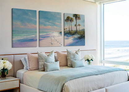 Soft Coastal Morning Beach Canvas Wall Art – Single & 3 Panel Split – AI PRINT LAB