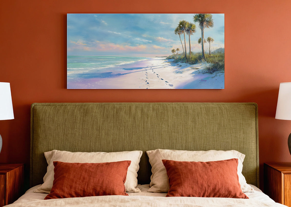 Soft Coastal Morning Beach Canvas Wall Art – Single & 3 Panel Split – AI PRINT LAB