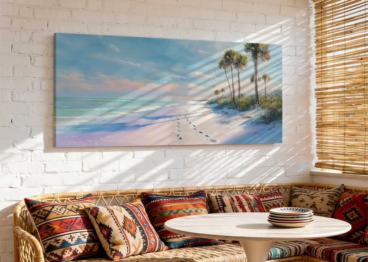 Soft Coastal Morning Beach Canvas Wall Art – Single & 3 Panel Split – AI PRINT LAB