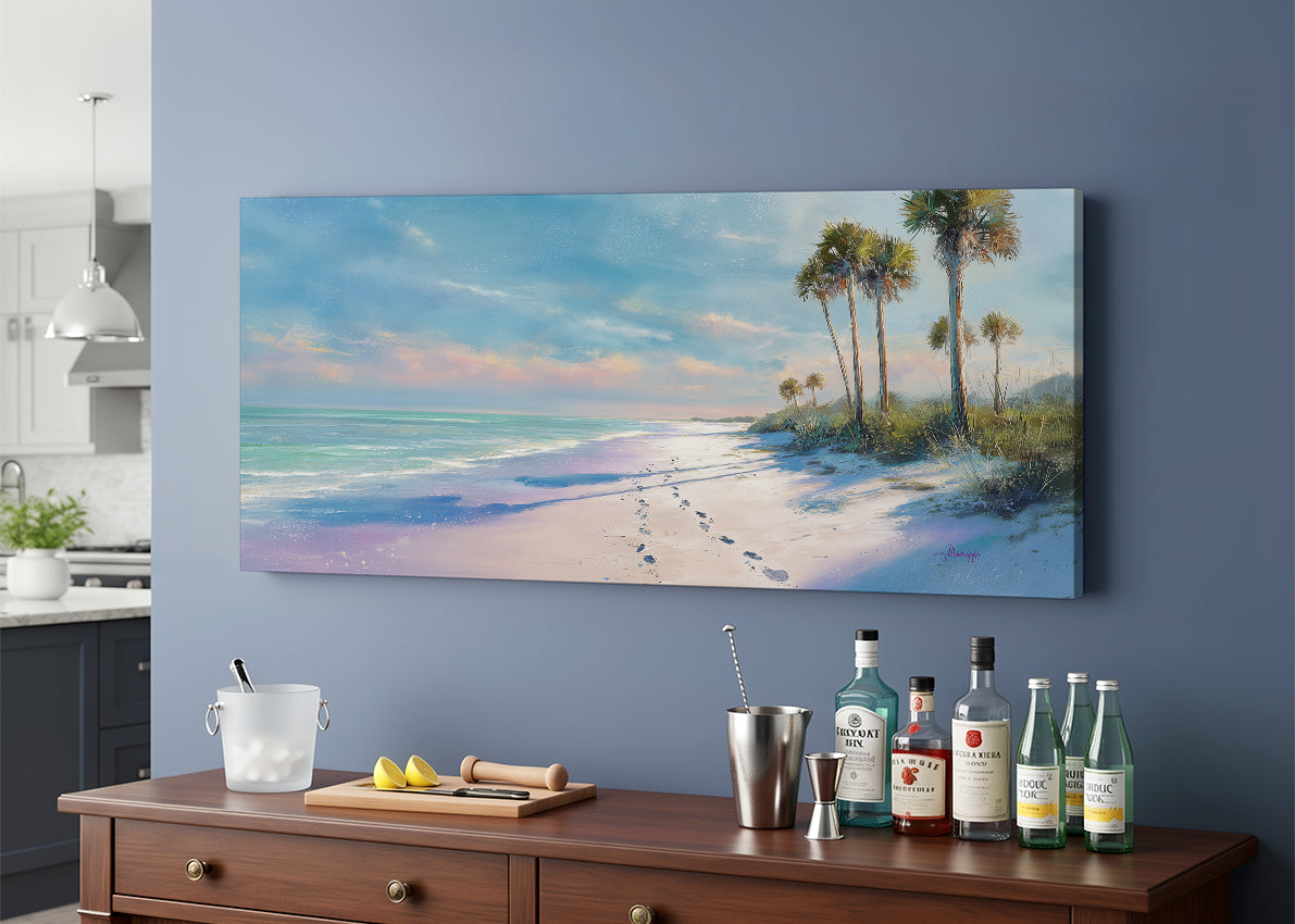 Soft Coastal Morning Beach Canvas Wall Art – Single & 3 Panel Split – AI PRINT LAB