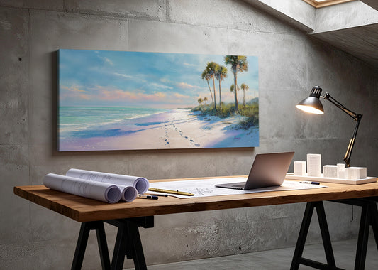 Soft Coastal Morning Beach Canvas Wall Art – Single & 3 Panel Split – AI PRINT LAB