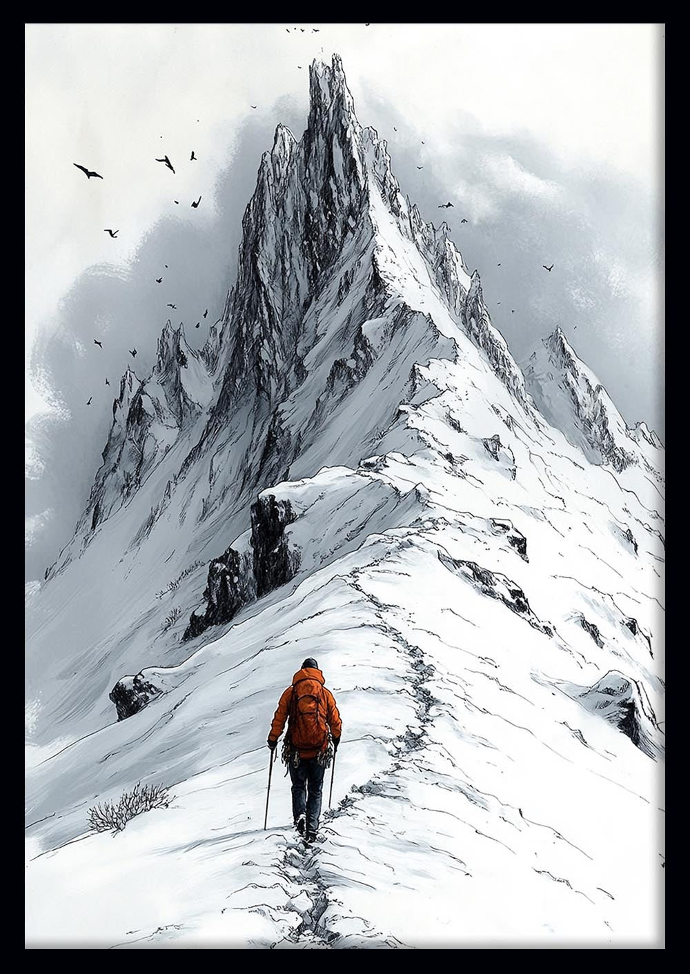 Solo Hiker on Snowy Ridge – Minimalist Mountain Adventure Canvas & Poster Print – T1281 – AiPrintLab