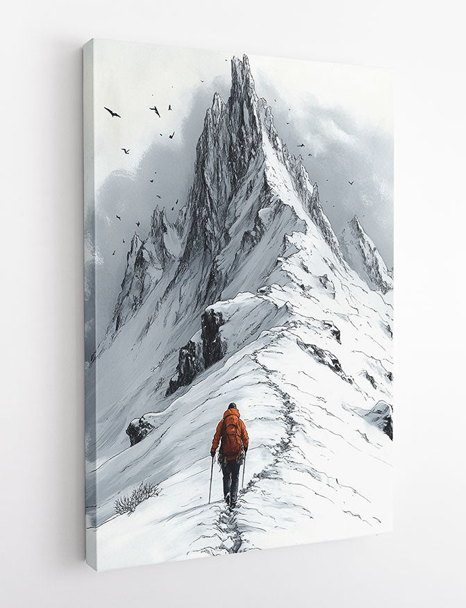 Solo Hiker on Snowy Ridge – Minimalist Mountain Adventure Canvas & Poster Print – T1281 – AiPrintLab