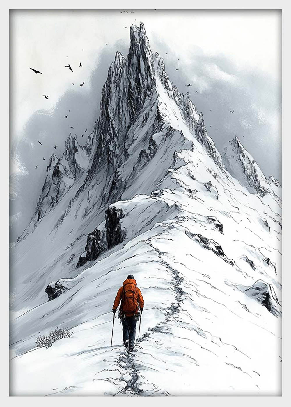 Solo Hiker on Snowy Ridge – Minimalist Mountain Adventure Canvas & Poster Print – T1281 – AiPrintLab