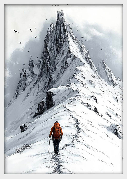 Solo Hiker on Snowy Ridge – Minimalist Mountain Adventure Canvas & Poster Print – T1281 – AiPrintLab
