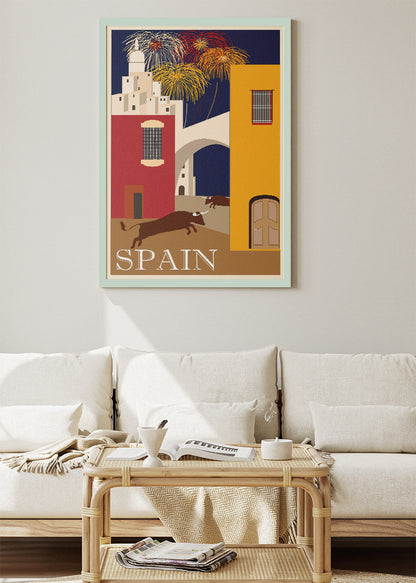 Spain Travel Poster & Canvas Print – Vintage Bull Run Illustration Art