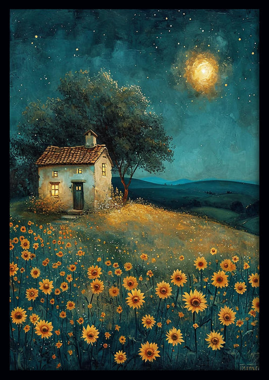Starry Night Cottage with Sunflowers Canvas Print & Poster – T592 – AiPrintLab