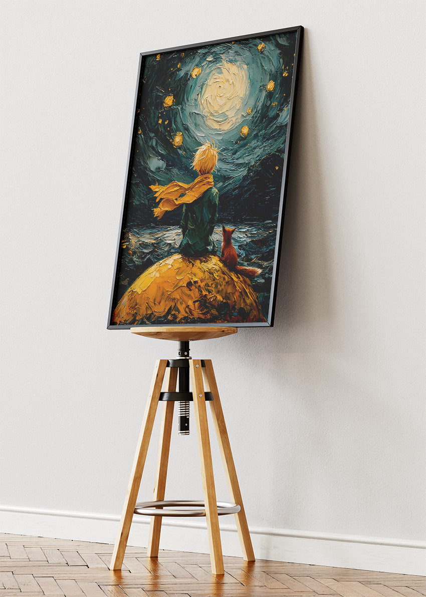 Starry Night Inspired Boy and Fox Wall Art – Dreamy Moon Sky Canvas Print & Fantasy Illustration Poster for Living Room Decor UK